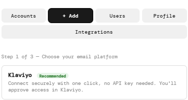 Add account picker with the Klaviyo option