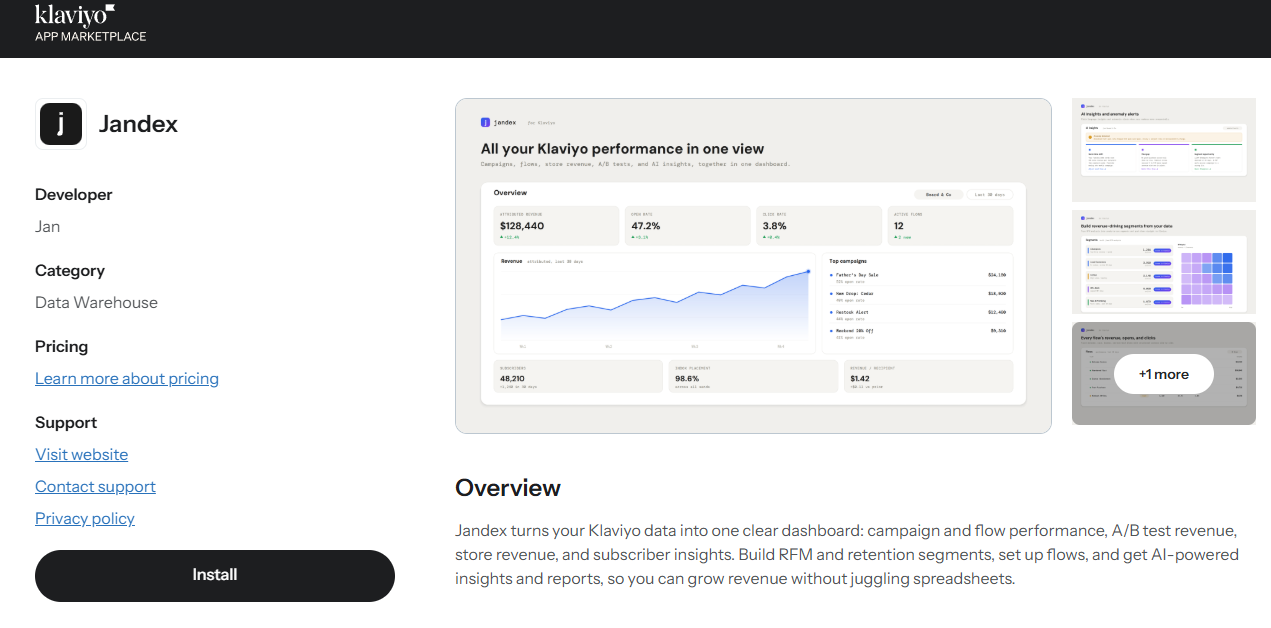 Jandex listing in the Klaviyo App Marketplace